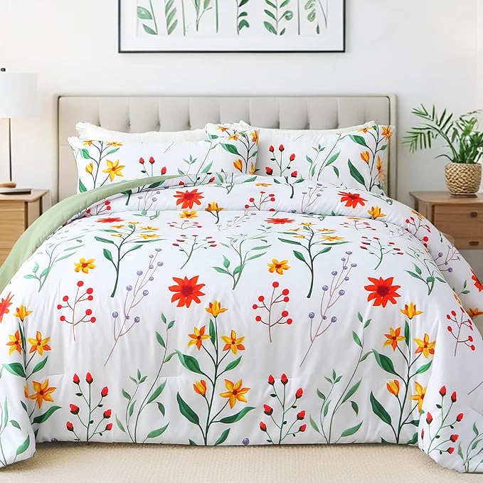 King Comforter Set Green 3 Pieces Bed in a Bag, Colorful Floral Bedding Sets Elegant Botanical Bed Set Lightweight Soft Comforter with 2 Pillowcases for All Season