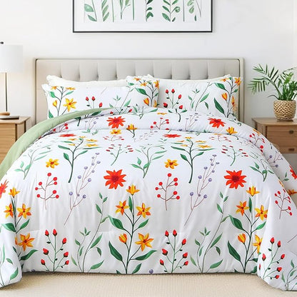 Queen Comforter Set Green 3 Pieces Bed in a Bag, Colorful Floral Bedding Sets Elegant Botanical Bed Set Lightweight Soft Comforter with 2 Pillowcases for All Season