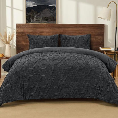 PHF Warm Sherpa Fleece Twin Comforter Set, 3D Tufted Fluffy Dark Grey Bedding for Winter, Soft 2 Pieces Shaggy Bed Set, 1 Comforter (68"x90") and 1 Pillowcase (20"x26")
