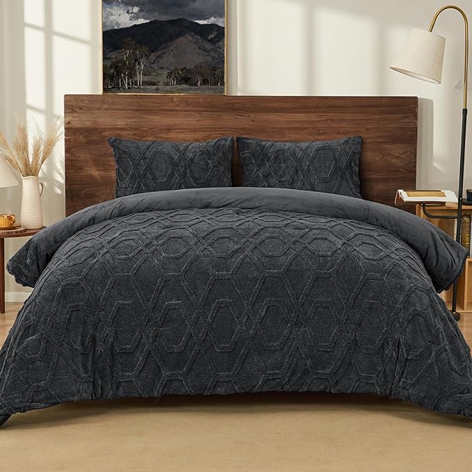 PHF Warm Sherpa Fleece King Comforter Set, 3D Tufted Fluffy Dark Grey Bedding for Winter, Soft 2 Pieces Shaggy Bed Set, 1 Comforter (104"x90") and 2 Pillowcases (20"x36")