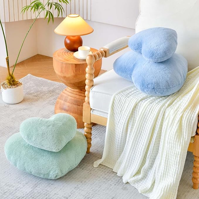Sage Green Heart Pillows, Cute Heart Decorative Pillow, Heart Shaped Throw Pillows for Bed, Faux Rabbit Fur Plush Hoom Decor Pillow Cushion for Chair Sofa Living Room (Mini 12.9" x 9.8")