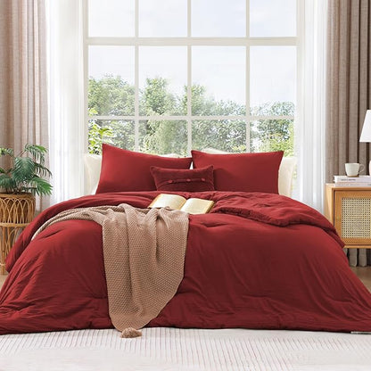 WRENSONGE Queen Comforter Set - 3 Pieces Prewashed Bright Red Comforter Soft Lightweight for All Seasons,Down Alternative Comforters Queen Size with 2 Pillow Shams