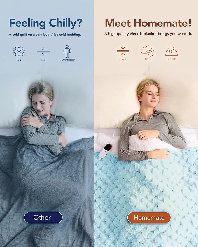 Homemate Heated Blanket Electric Throw - 50"x60" Heating Blanket Throw 4 Hours Auto-Off 10 Heat Levels Over-Heat Protection Luxury 800 GSM Faux Fur 200 GSM Sherpa ETL Certification