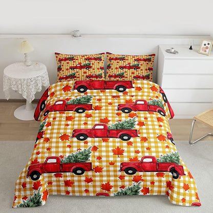 Erosebridal Christmas Comforter Set Queen, Red Truck Down Comforter, Xmas Tree Maple Leaves Bedding Set, Yellow Lattice Grid Bedding Comforters & Sets, Autum Quilt Set for Kids Teens Bedroom Decor