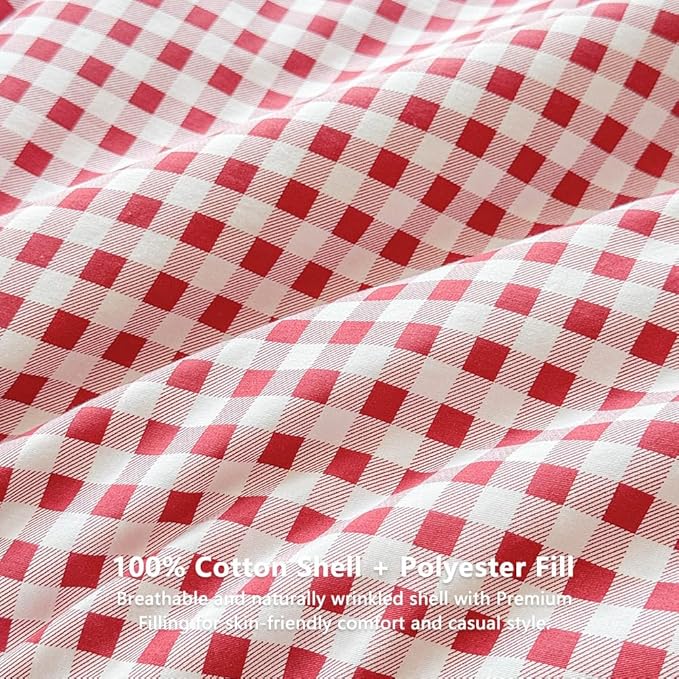 NSNLGSGC Red Gingham Cotton Comforter Set Queen, 100% Washed Cotton Plaid Checked Comforter Bedding, 3 Pieces Vintage Farmhouse Grid Bedding Set(Red Gingham, Queen)