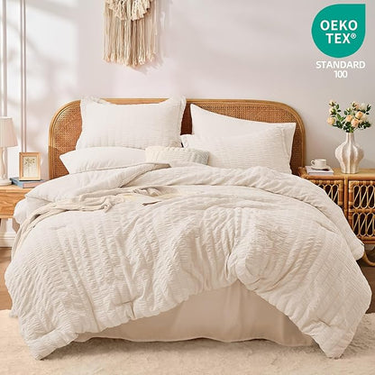 FUANNA Full Size Comforter Sets 7 Pieces, Luxury Seersucker Bed in a Bag Full for All Seasons, Soft Bed Sets with Comforter, Flat Sheet, Fitted Sheet, Pillowcases & Shams for Bedroom, Beige
