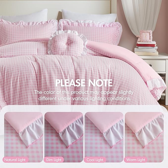 Intelligent Design Rowena Full Comforter Set – Blush Pink Gingham Ruffled Bedding, Vintage Farmhouse Style, Reversible All Season 4-Piece Bedding Set, Full/Queen, Gift for Her