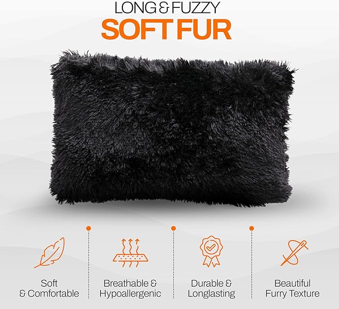 Cheer Collection Throw Pillows for Couch and Bed, Soft Shaggy Throw Pillows with Inserts Included, Cozy Long Hair Faux Fur Pillows - Set of 2-12" x 20" - Black