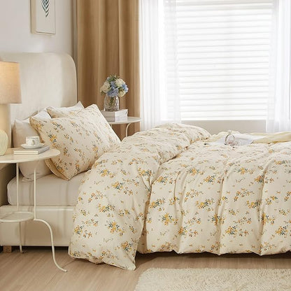 mixinni Yellow Floral Comforter Twin XL Boho Flower Leaves Pattern Printed Bedding Sets Cute Floral Soft Fluffy Comforter with 2 Pillowcases, Botanical Bed Set for All Season-Twin XL Size