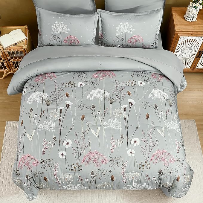 Yiran Grey Floral Comforter Set King Size, 7 Piece Spring Dandelion Plant Botanical Comforter Bedding Set, Bed in a Bag King, Soft Microfiber Complete Bedding Set with Sheets for All Season