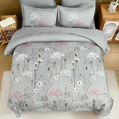 Yiran Grey Floral Comforter Set King Size, 7 Piece Spring Dandelion Plant Botanical Comforter Bedding Set, Bed in a Bag King, Soft Microfiber Complete Bedding Set with Sheets for All Season