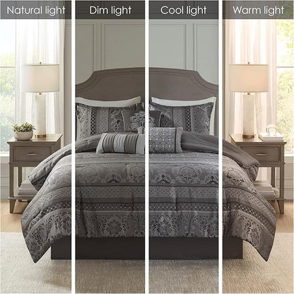 Madison Park Bellagio Cozy Comforter Set - Luxurious Jaquard Traditional Damask Design, All Season Down Alternative Bedding with Matching Shams, Decorative Pillow, Cal King(104"x92"), Grey 7 Piece