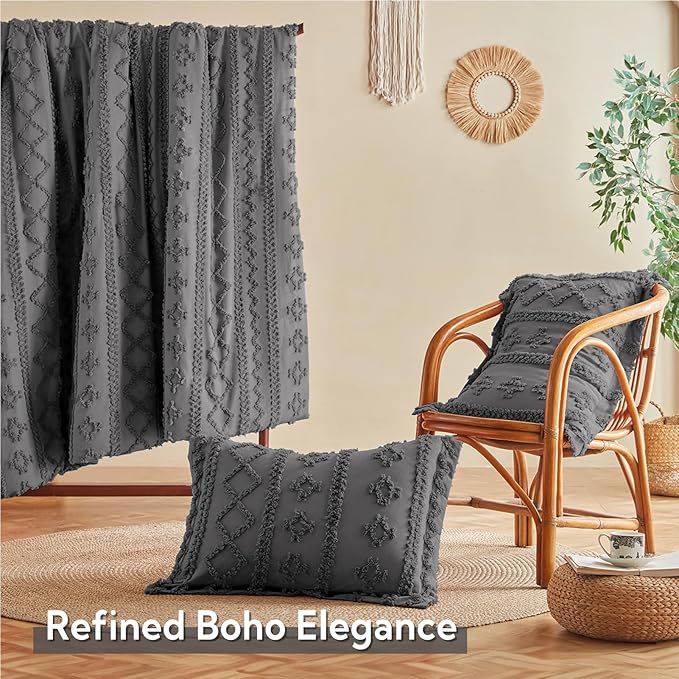 MR&HM King Size Comforter Set Dark Grey, 7 Pieces Tufted Boho Beddding Sets, Farmhouse Style Bed in a Bag with 1 Comforter, 2 Pillow Shams, 2 Pillowcases, 1 Flat Sheet, 1 Fitted Sheet