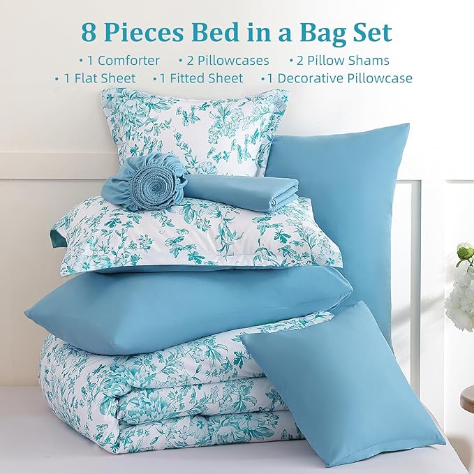 WONGS BEDDING King Size Comforter Set, 8 Pieces Teal Floral Bed in a Bag Comforter Sets, Botanical Print Soft Fluffy Microfiber Complete Bedding Sets for All Season (90"x104")