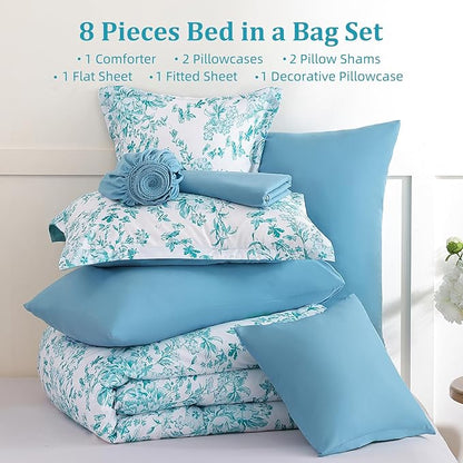 WONGS BEDDING King Size Comforter Set, 8 Pieces Teal Floral Bed in a Bag Comforter Sets, Botanical Print Soft Fluffy Microfiber Complete Bedding Sets for All Season (90"x104")