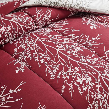 Christmas Bed in a Bag Burgundy Red Comforter Sheet Set 7 Pieces King Size Tree Branch Soft X-max Holiday Bedding Set (1 Comforter 2 Pillow Shams 1 Flat Sheet 1 Fitted Sheet 2 Pillowcases)