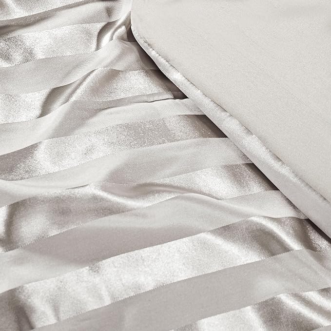 Whale Flotilla 3-Piece Reversible Silky Soft Queen Comforter Set, Luxury Stripe Satin Comforters Full Size Bedding Set with 2 Satin Pillowcases, Lightweight Duvet for All Seasons, Grey