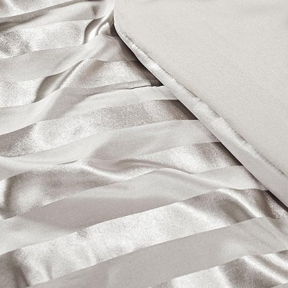 Whale Flotilla 3-Piece Reversible Silky Soft Queen Comforter Set, Luxury Stripe Satin Comforters Full Size Bedding Set with 2 Satin Pillowcases, Lightweight Duvet for All Seasons, Grey