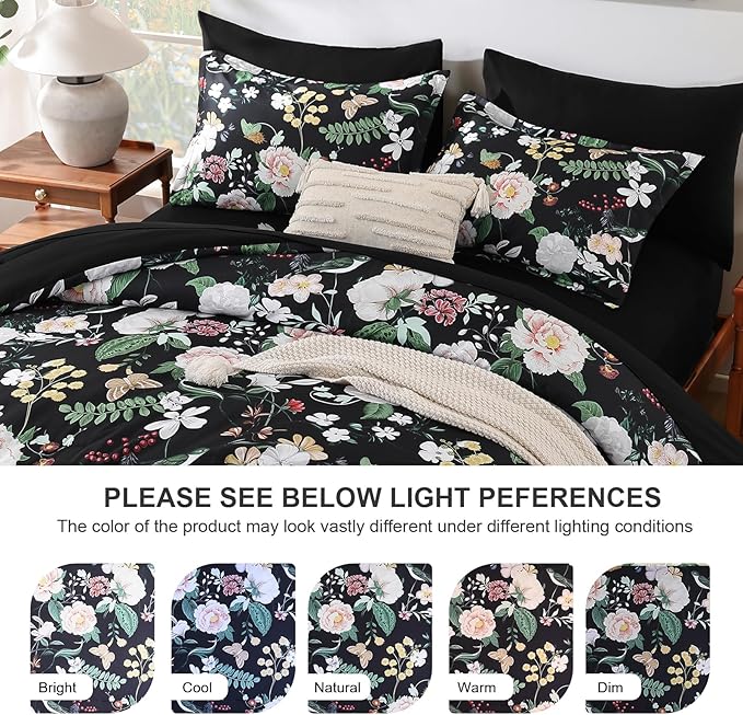 Anibedding 7Pieces Floral King Size Comforter Set, Garden Plant Flower Style Bed in a Bag Black White Bedding Comforter Set with Pillow Case for Bedroom