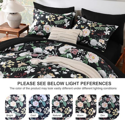 Anibedding 7Pieces Floral King Size Comforter Set, Garden Plant Flower Style Bed in a Bag Black White Bedding Comforter Set with Pillow Case for Bedroom