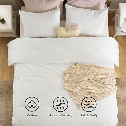Bedsure 5 Pieces Cotton Comforter Set with Waffle Throw Blanket - Soft Breathable Bedding Set for All Seasons, White Queen Comforter, Pillow Shams, Beige 100% Cotton Blanket, Throw Pillow