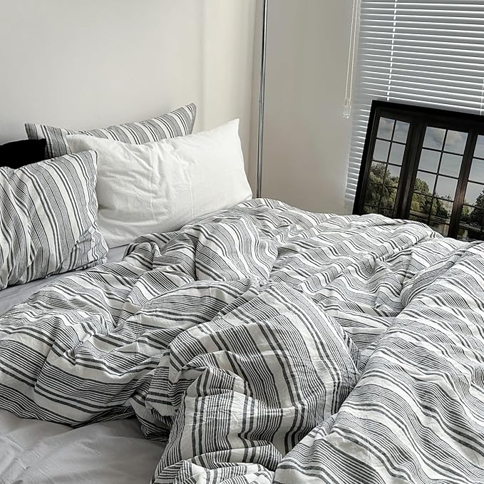 VM VOUGEMARKET Pinstripes Comforter Set Queen Washed Cotton Vertical Striped Neutral Bedding Set 1 Comforter and 2 Pillowcase (Grey White)