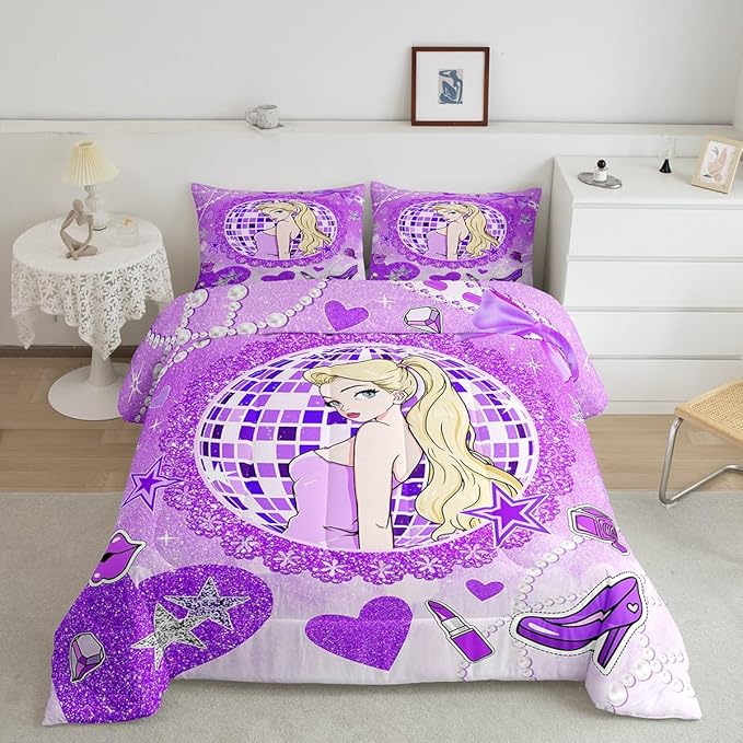 Girly Princess Kids Comforter Set Twin Size,High-heeled Shoes Lip Bowknot Romantic Bedding Set,Girls Women Room Decor,Glitter Sequin Diamond Down Comforter,Purple Dreamy Duvet Insert,1 Pillowcase