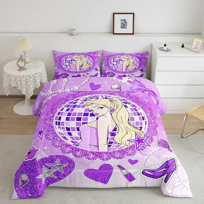 Girly Princess Kids Comforter Set Twin Size,High-heeled Shoes Lip Bowknot Romantic Bedding Set,Girls Women Room Decor,Glitter Sequin Diamond Down Comforter,Purple Dreamy Duvet Insert,1 Pillowcase