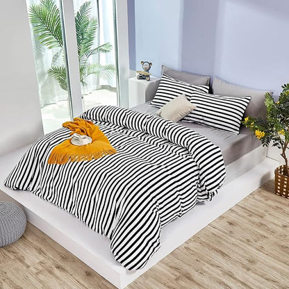 Karever White and Black Striped Comforter Set Full/Queen Soft Durable Striated Bedding Set Ticking Quilts for Girls Boys Hotel Quality