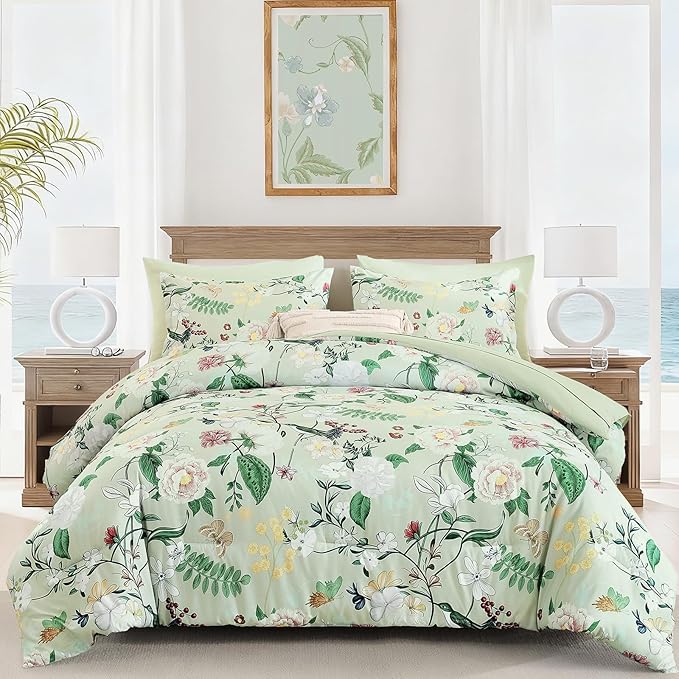 Anibedding 7Pieces Floral King Size Comforter Set, Green Garden Plant Style Bed in a Bag Flower Bedding with Pillow Case for Bedroom