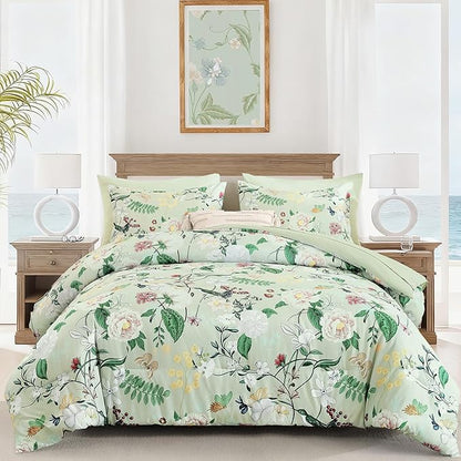 Anibedding 7Pieces Floral King Size Comforter Set, Green Garden Plant Style Bed in a Bag Flower Bedding with Pillow Case for Bedroom