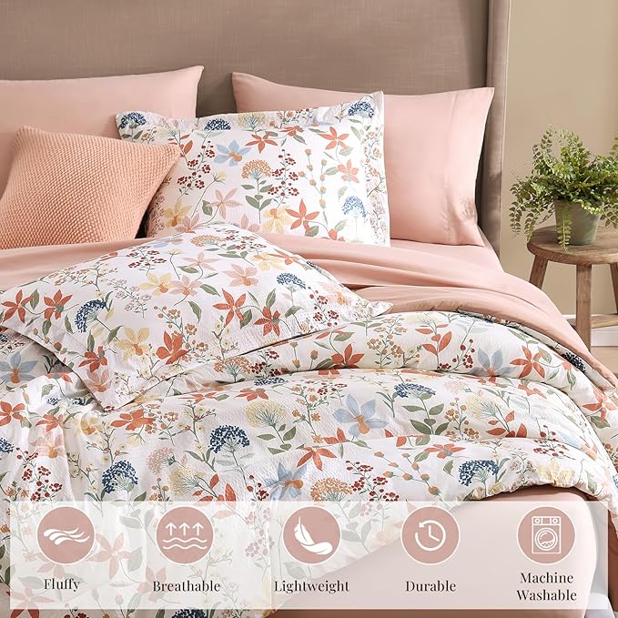 CASAAGUSTO King Comforter Set, 7 PCS Clay Pink Floral Comforter Set with Flowers Leaves Pattern, Soft Seersucker Design All Season King Size Bedding Set(102"X90")