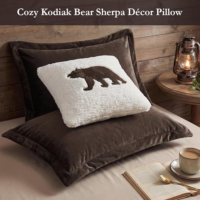 Woolrich Reversible Comforter Set Ultra Soft Plush to Sherpa, Down Alternative, Cold Weather Winter Warm Bedding, with Matching Sham, Decorative Pillow Brown/Ivory Full/Queen 4 Piece
