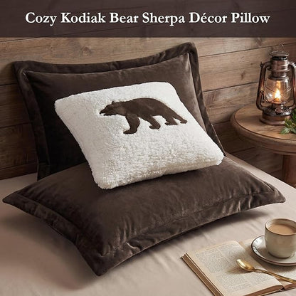 Woolrich Reversible Comforter Set Ultra Soft Plush to Sherpa, Down Alternative, Cold Weather Winter Warm Bedding, with Matching Sham, Decorative Pillow Brown/Ivory Full/Queen 4 Piece