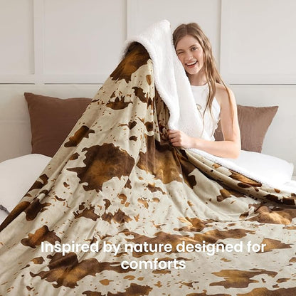 Cow Print Heated Electric Blanket King Size-Dual Control Heating Blanket King Size with 10 Heat Levels & 10 Hours Auto-Off, Cozy Soft Fleece Sherpa, Washable, 90x100 Inche Cow Print Apricot