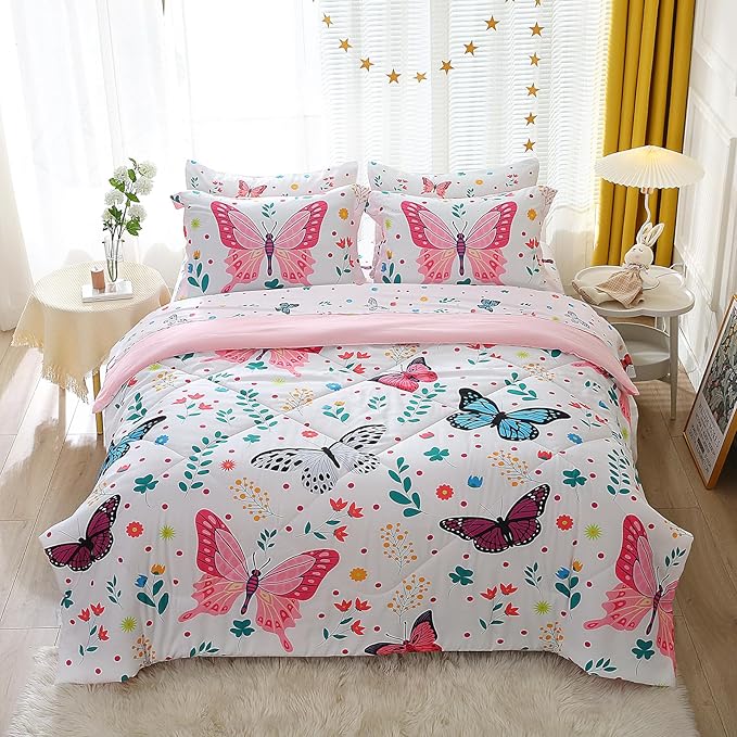 Butterfly Comforter Set Twin Size for Girls Kids Teens 7 Piece Bed in A Bag Colorful Butterflies Flower Leaves Bedding Set All Season Lightweight