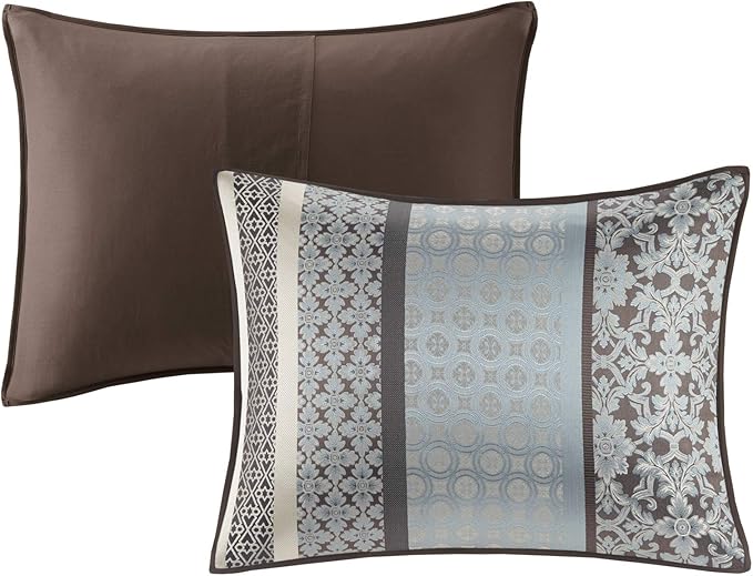 Madison Park Princeton Cozy Comforter Set - Luxurious Jaquard Traditional Damask Design, All Season Down Alternative Bedding with Matching Shams, Decorative Pillow, Cal King(104"x92"), Blue 7 Piece