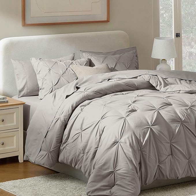Nestl Queen Comforter Set 7 Piece - Pinch Pleated Comforters Queen Size Linen, Bed in a Bag Queen All Season, Queen Size Comforter Sets Bedding with Flat Sheet and Fitted Sheet, Pillowcases and Shams