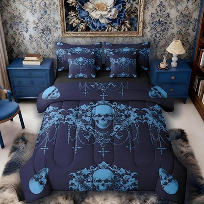 Erosebridal Gothic Bed in a Bag Queen Comforter Set 7 Piece,Goth Sugar Skull Bedding Set,Teal Blue Damask Bohemian Vintage Floral Comforter and Sheet Set,Exotic Antique Victorian Baroque Decor