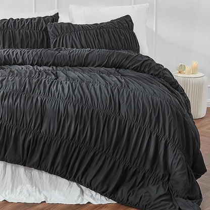 Oversized King Size Comforter Set Bedding - Ruched Black Comforter King Bed Set Boho Shabby Chic Bedding for Bedroom Comforter Fluffy 3 Piece Ruffle Comforter Set with Pillow Bedding Soft and Luxury
