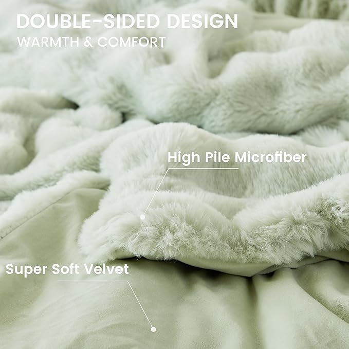 Simple&Opulence Fluffy Faux Fur Comforter Set, Plush Fuzzy Minky Bedding Set, 3 Pieces Warm Soft Comforter Bedding Set for Winter - 1 Shaggy Comforter with 2 Pillow Shams(Queen, Light Green)