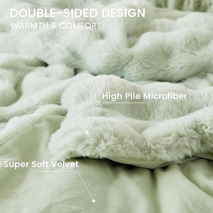 Simple&Opulence Fluffy Faux Fur Comforter Set, Plush Fuzzy Minky Bedding Set, 3 Pieces Warm Soft Comforter Bedding Set for Winter - 1 Shaggy Comforter with 2 Pillow Shams(Queen, Light Green)
