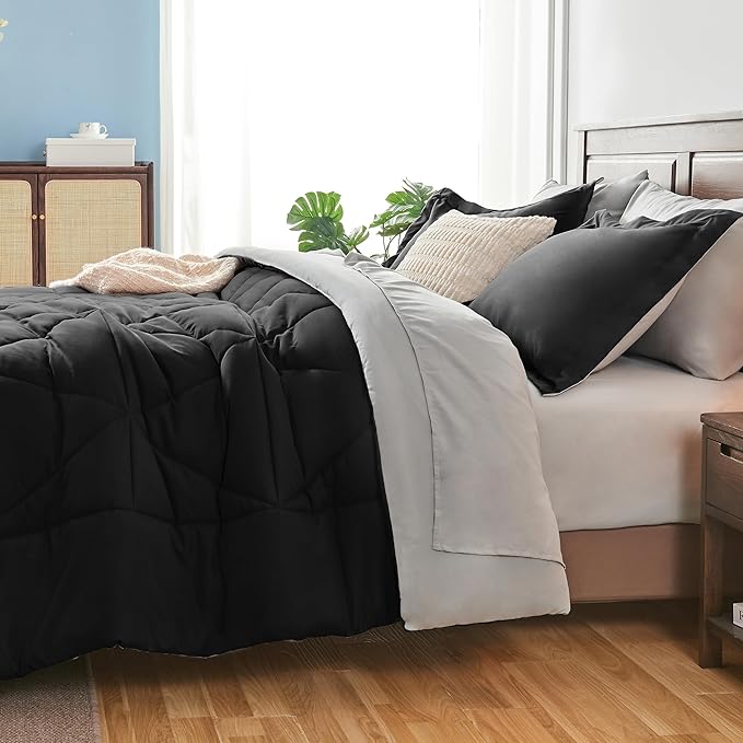 BEDELITE Twin XL Comforter Set 5 Pieces Bed in A Bag - Soft Microfiber Reversible Twin Extra Long Black Bed Set with Comforters, Sheets, Pillowcase & Sham, Cozy Bedding Sets for College Dorm Room