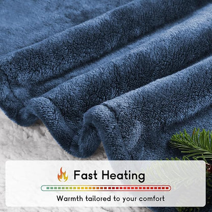 Heated Blanket Electric Throw Size 50''x60'' with 5 Heating Levels, 3 Hour Auto Shut Off, Machine Washable, Flannel & Sherpa Double-Sided Soft Warming Blanket for Couch, Bed, Office - Navy Blue