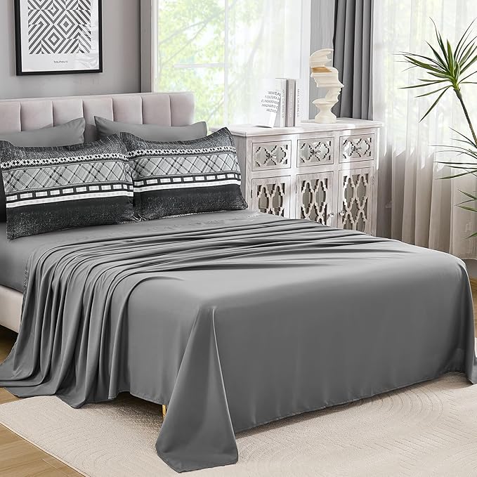 WONGS BEDDING 8 Piece Queen Size Comforter Set, Black Grey Striped Bed in a Bag Comforter and Sheet Set, Boho Lightweight Microfiber Bedding Set for All Season (90"×90")