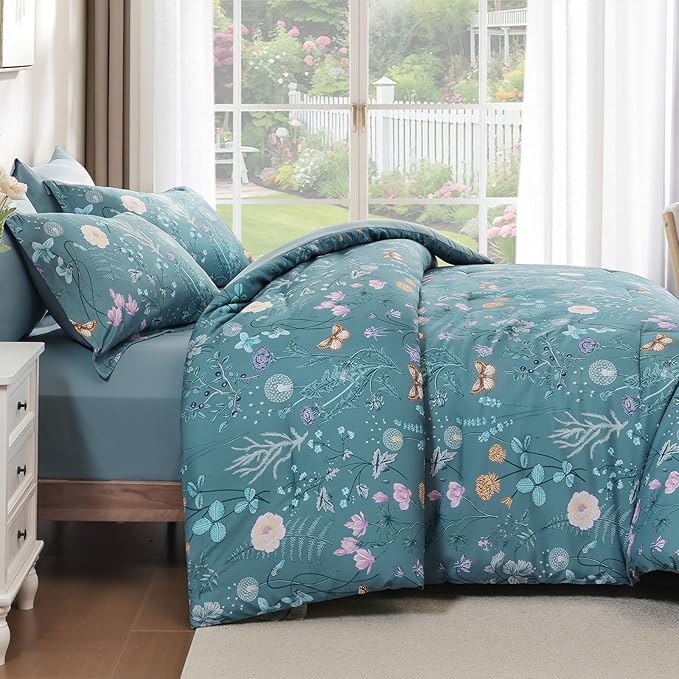 Yiran King Size Comforter Set, 7 Pieces Mineral Blue Floral Soft Bedding Sets, King Bed in a Bag Botanical Flowers All Season Comforter, Sheets, Pillowcases & Shams