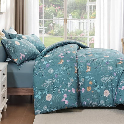 Yiran King Size Comforter Set, 7 Pieces Mineral Blue Floral Soft Bedding Sets, King Bed in a Bag Botanical Flowers All Season Comforter, Sheets, Pillowcases & Shams