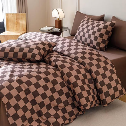 Houseri Brown Plaid Comforter Set Twin Chocolate Coffee Color Chessboard Bedding Sets Mocha Buffalo Checkered Bed Quilt Blanket Twin