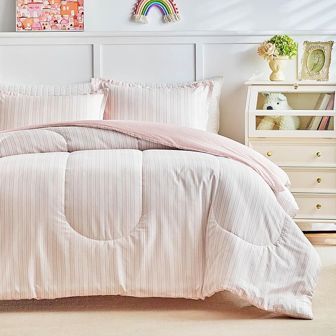 Joyreap 3pcs Cotton Comforter Set King, Blush Pink Stripes Design for Girls, Soft Cozy Lightweight Bedding Comforter Set for All Seasons- 100x88 inches