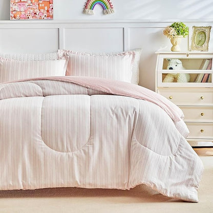 Joyreap 3pcs Cotton Comforter Set Queen, Blush Pink Stripes Design for Girls, Soft Cozy Lightweight Bedding Comforter Set for All Seasons- 88x88 inches